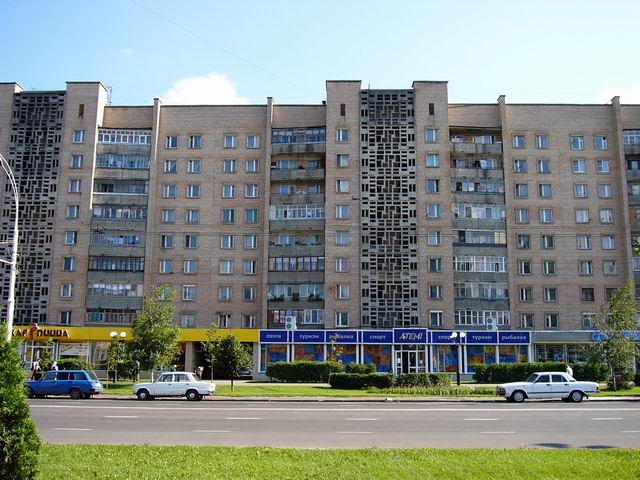 здание по улице Интернациональной - жилой дом, внизу пиццерия Жар-пицца и спортивный супермаркет ATEMI